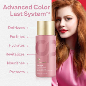 ColorProof plush locks bottle next to hand illustrating 6.7 fl oz size and portability benefit