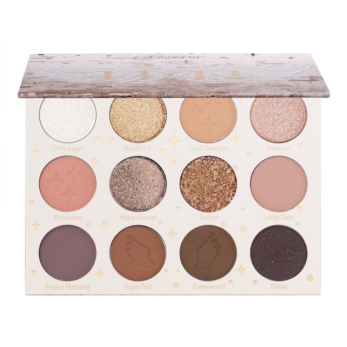 ColourPop 11:11 palette open showing 12 warm nude pans and easy color selection benefit