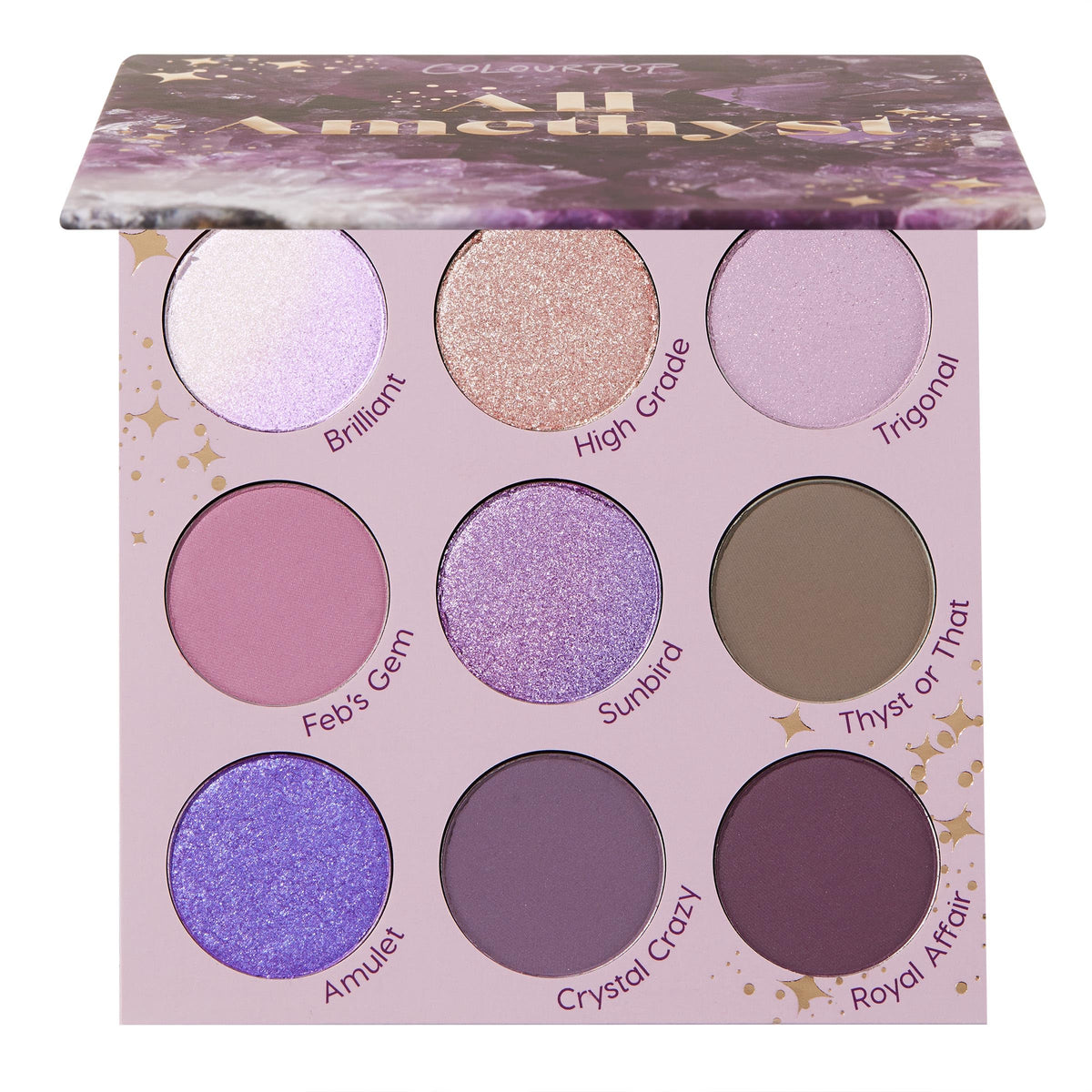 ColourPop front-open palette showing full purple shade range and easy travel benefit