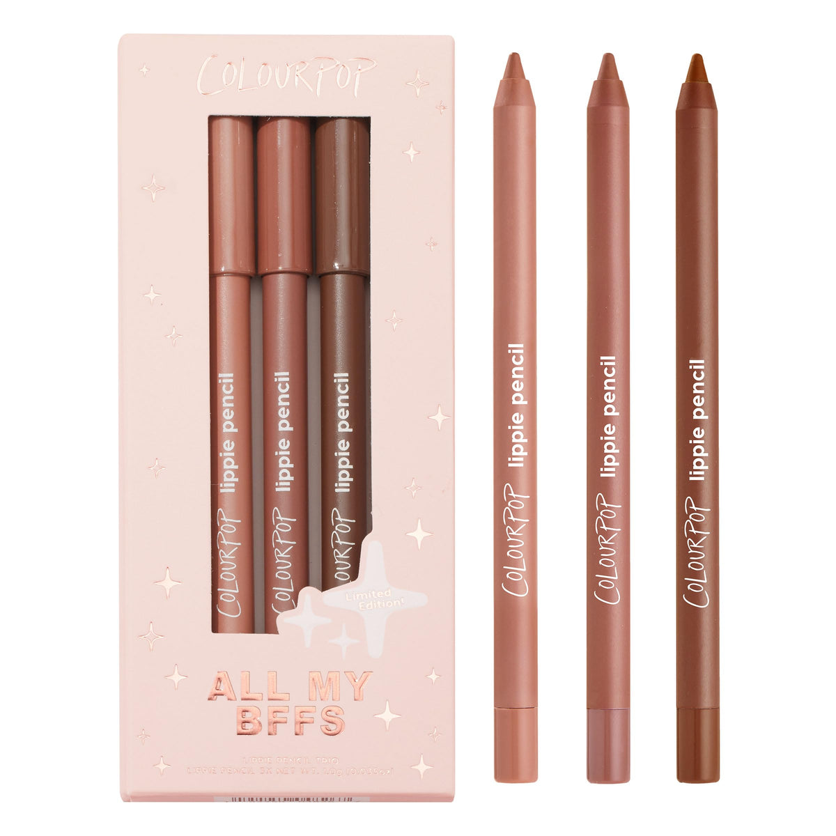 ColourPop kit front packaging showing three pencils and product names for easy choice