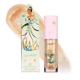 ColourPop Ambitious Tiana front tube showing sheer gold shimmer and shine benefits
