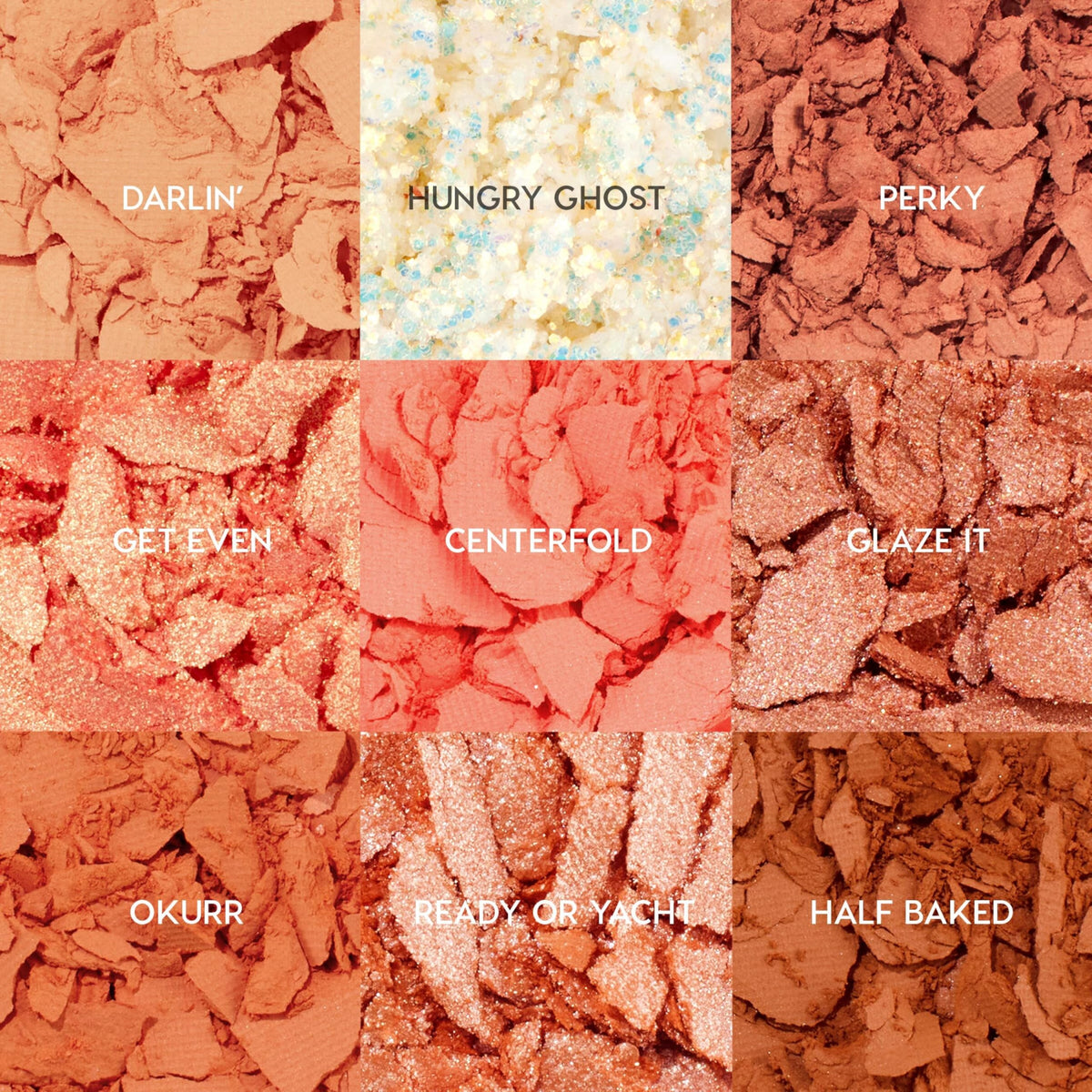 ColourPop close-up of nine eyeshadow pans showing rich pigmentation and finishes
