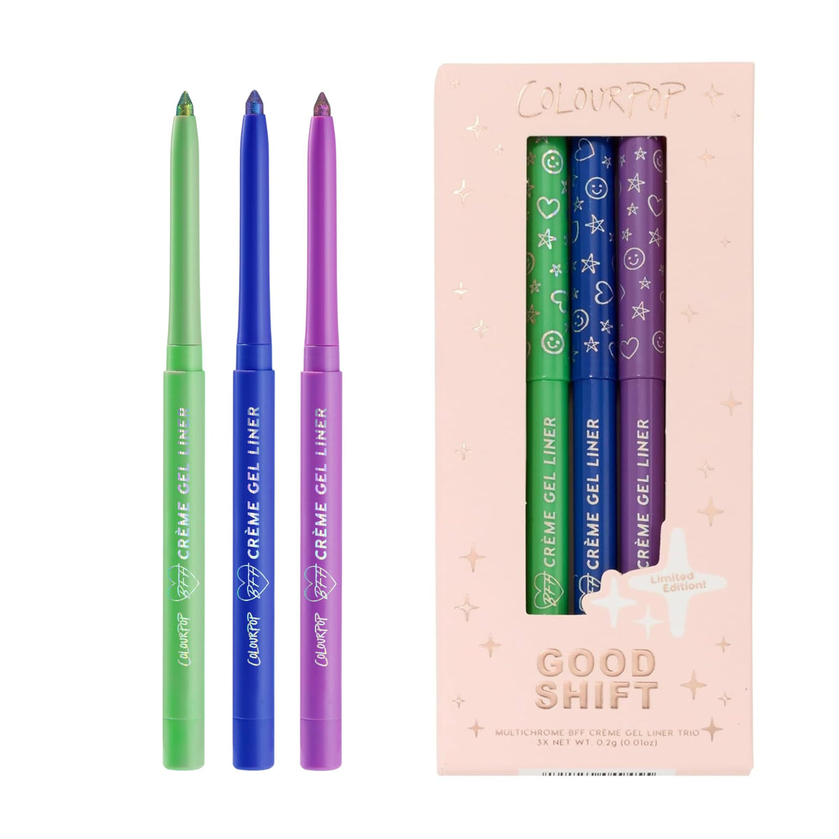 ColourPop packaging showing three chrome gel eyeliners and kit benefit