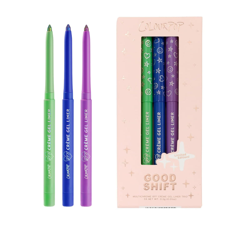 ColourPop packaging showing three chrome gel eyeliners and kit benefit