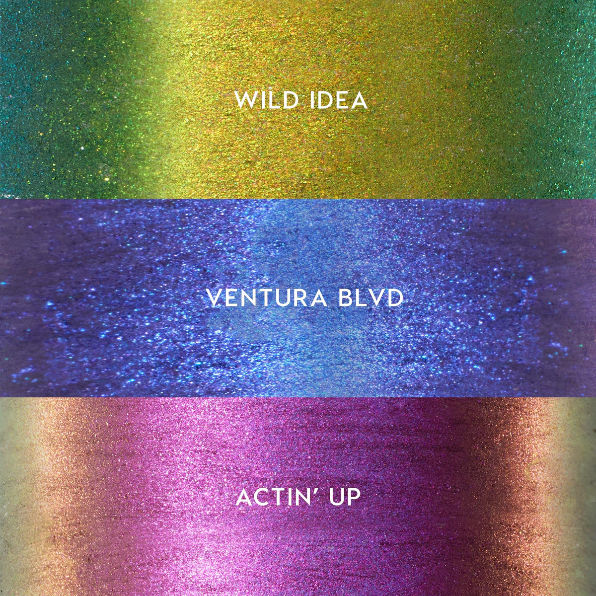 ColourPop trio of Wild Idea Ventura Blvd Actin' Up showing color shift benefit