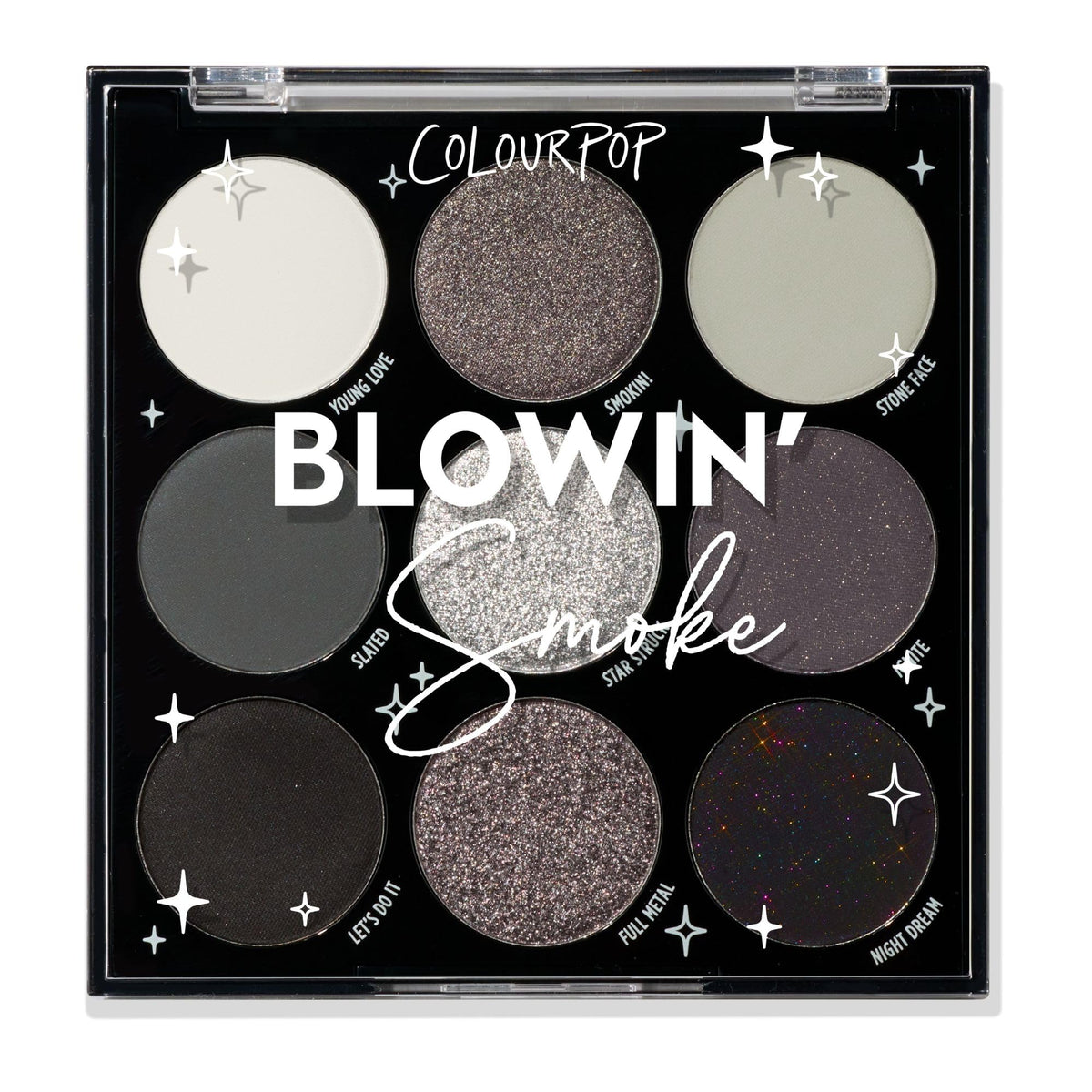 ColourPop Blowin' Smoke palette open front view showing nine shades and finishes