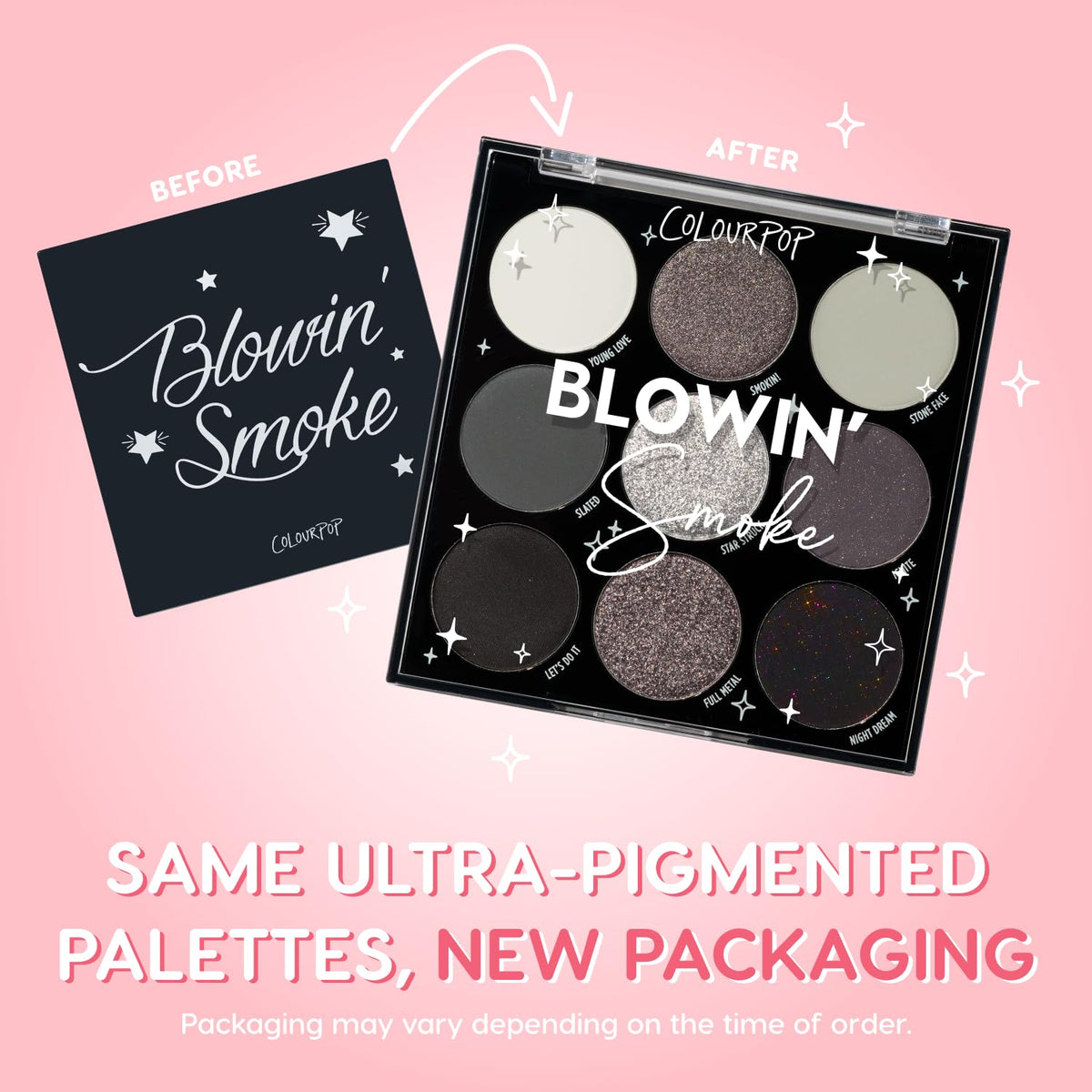 ColourPop Blowin' Smoke close-up of metallic pans showing reflective payoff