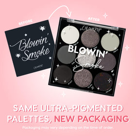 ColourPop Blowin' Smoke close-up of metallic pans showing reflective payoff