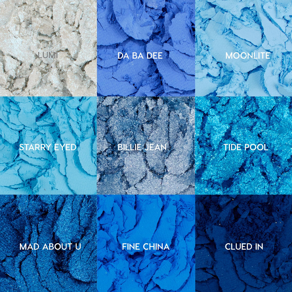 ColourPop open palette sitting on table displaying all twelve blue shades