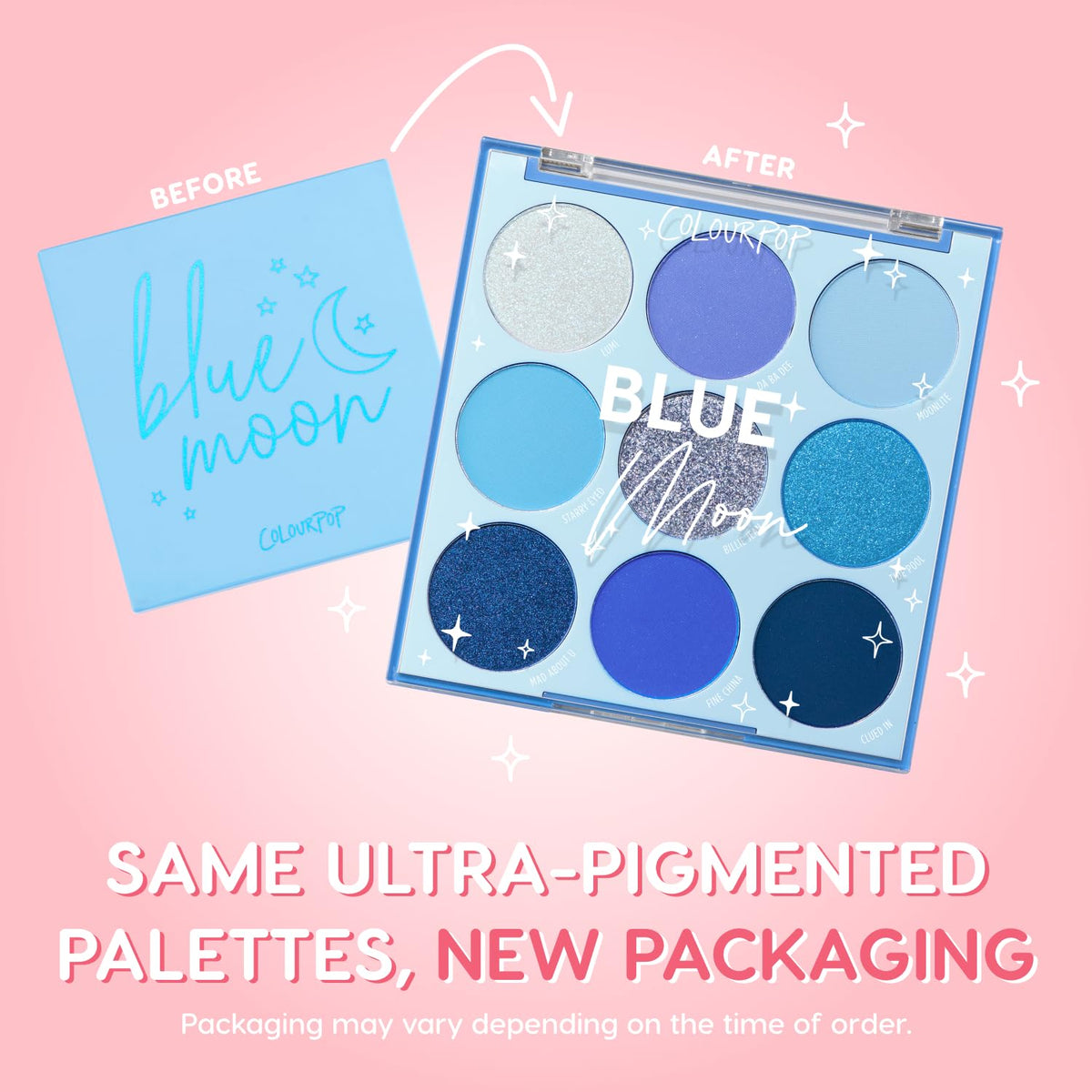 ColourPop close-up of shadow pans highlighting varied blue finishes and pigment