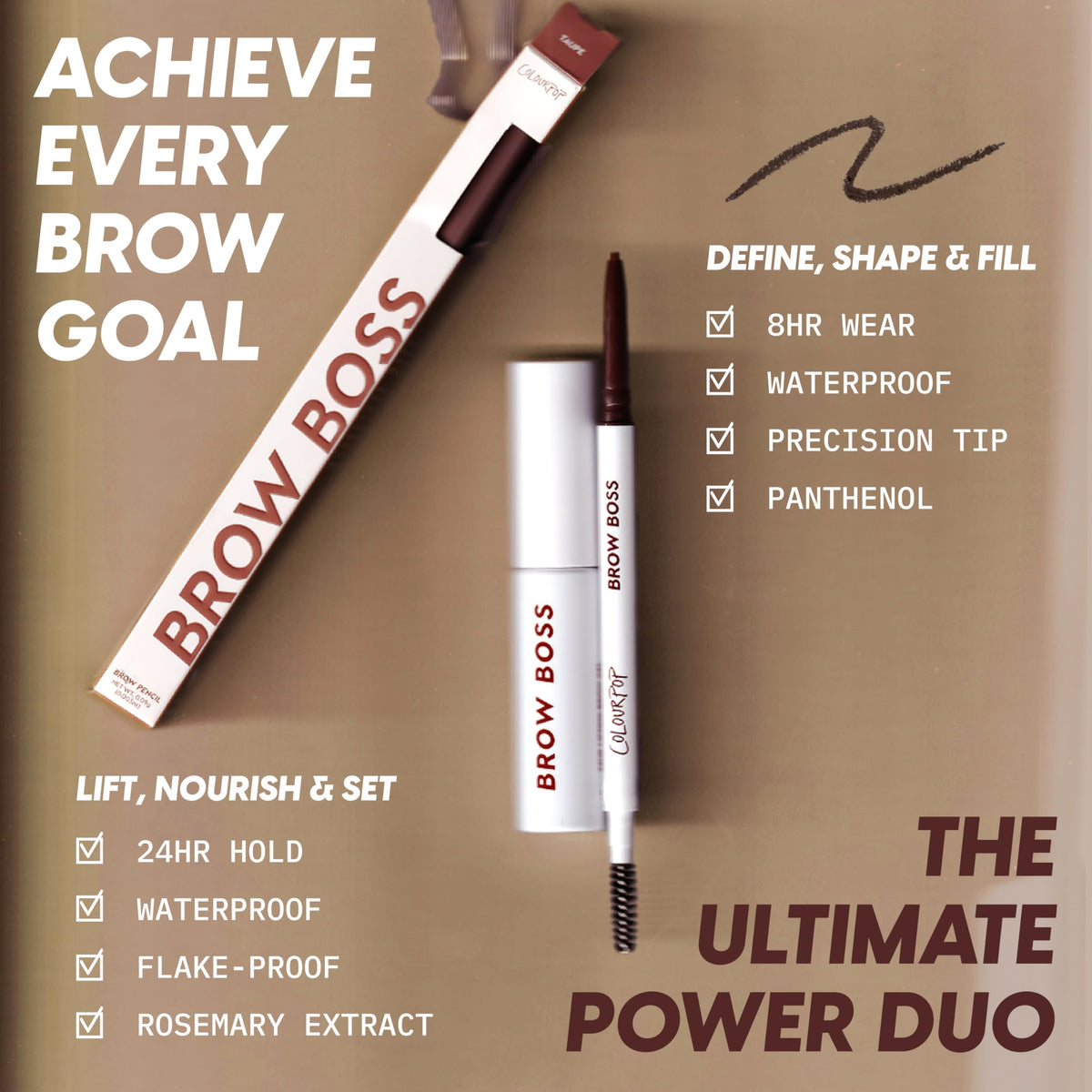 Close-up of ColourPop Brow Boss label highlighting panthenol conditioning