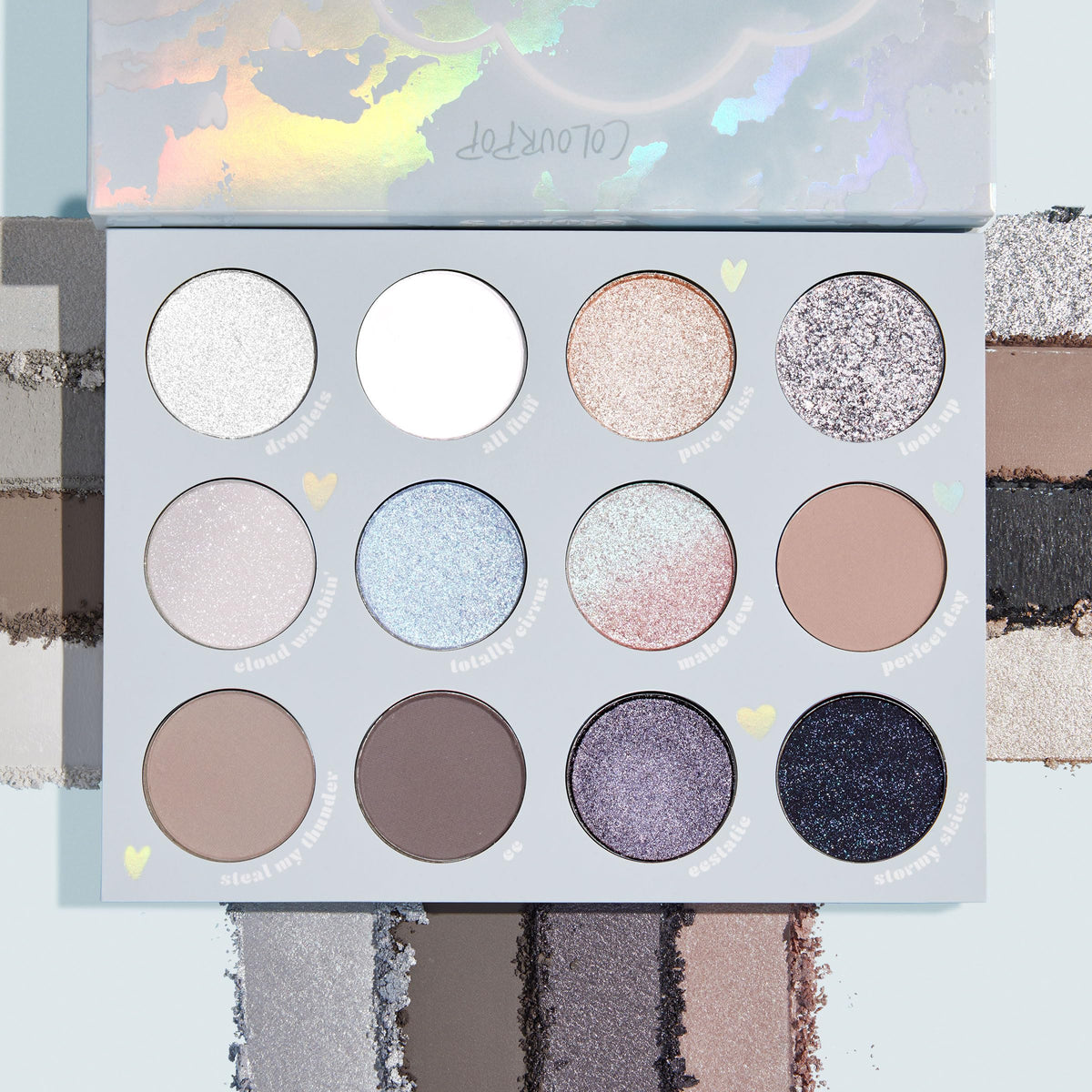 ColourPop Cloud 9 close-up of nine eyeshadow pans showcasing matte and shimmer finishes