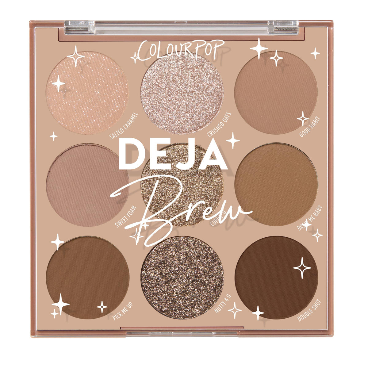 ColourPop Deja Brew palette front view showing nine cool-toned shades and compact packaging, versatile