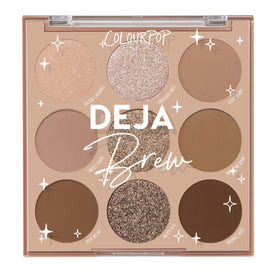 ColourPop Deja Brew palette front view showing nine cool-toned shades and compact packaging, versatile