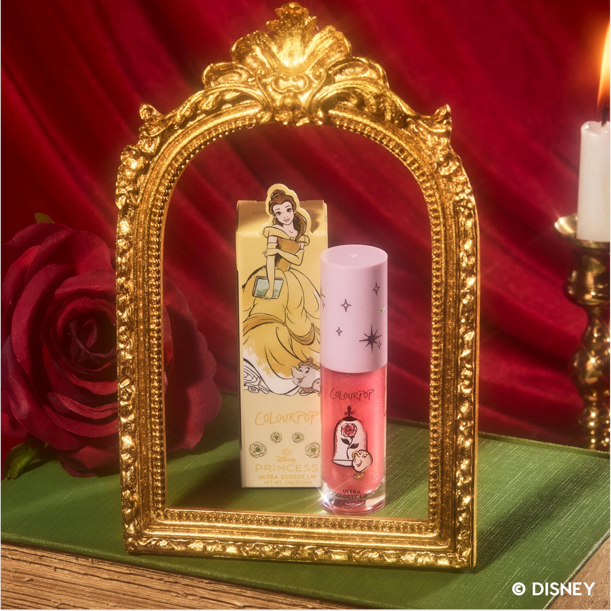 ColourPop Disney Princess collection flatlay with Mademoiselle Belle gloss inspiring playful styling