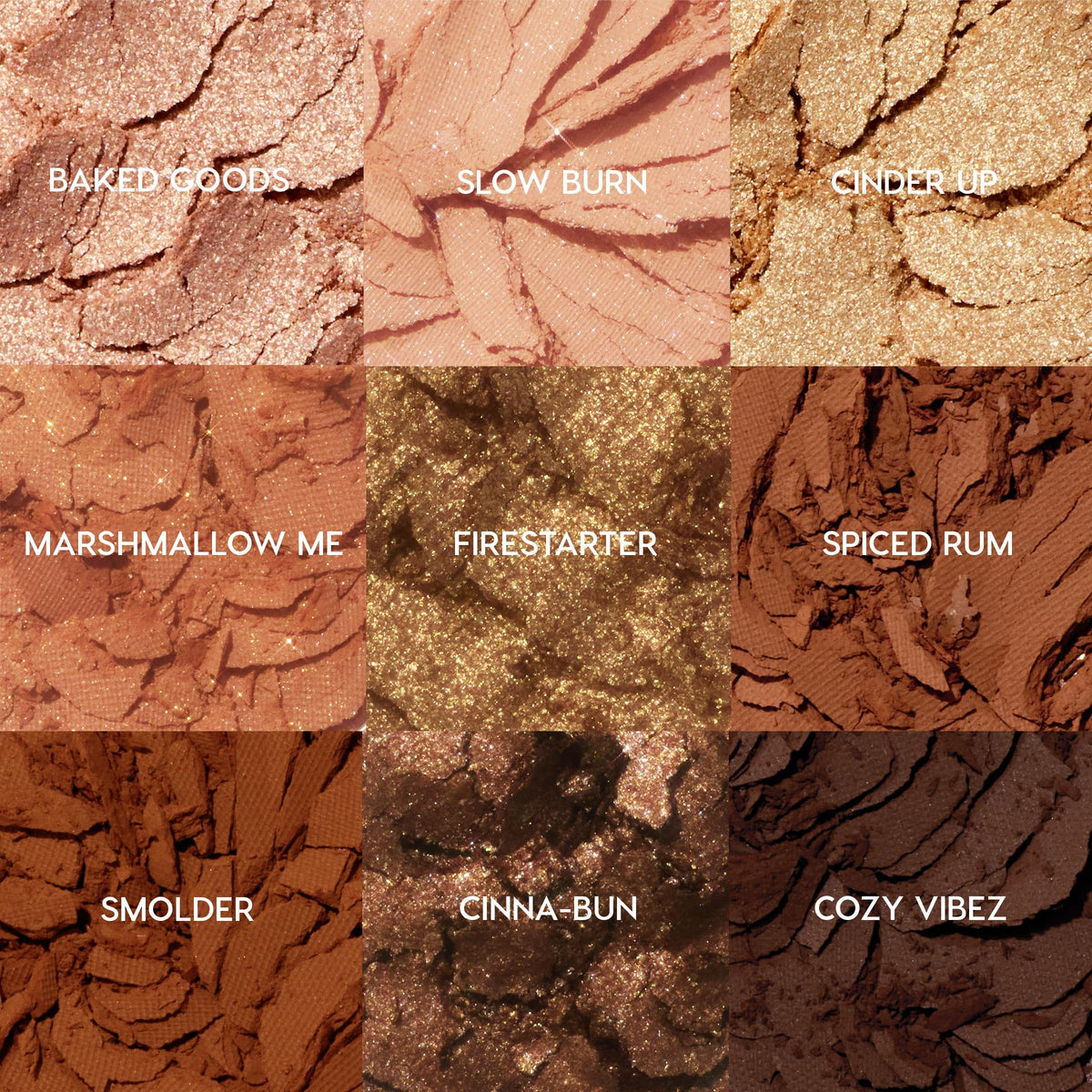 ColourPop Feelin' Toasty open pan view revealing matte, metallic, sparkle and glitter shades for layering