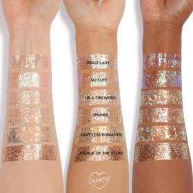 ColourPop gel applied to collarbone demonstrating long-lasting sparkle advantage