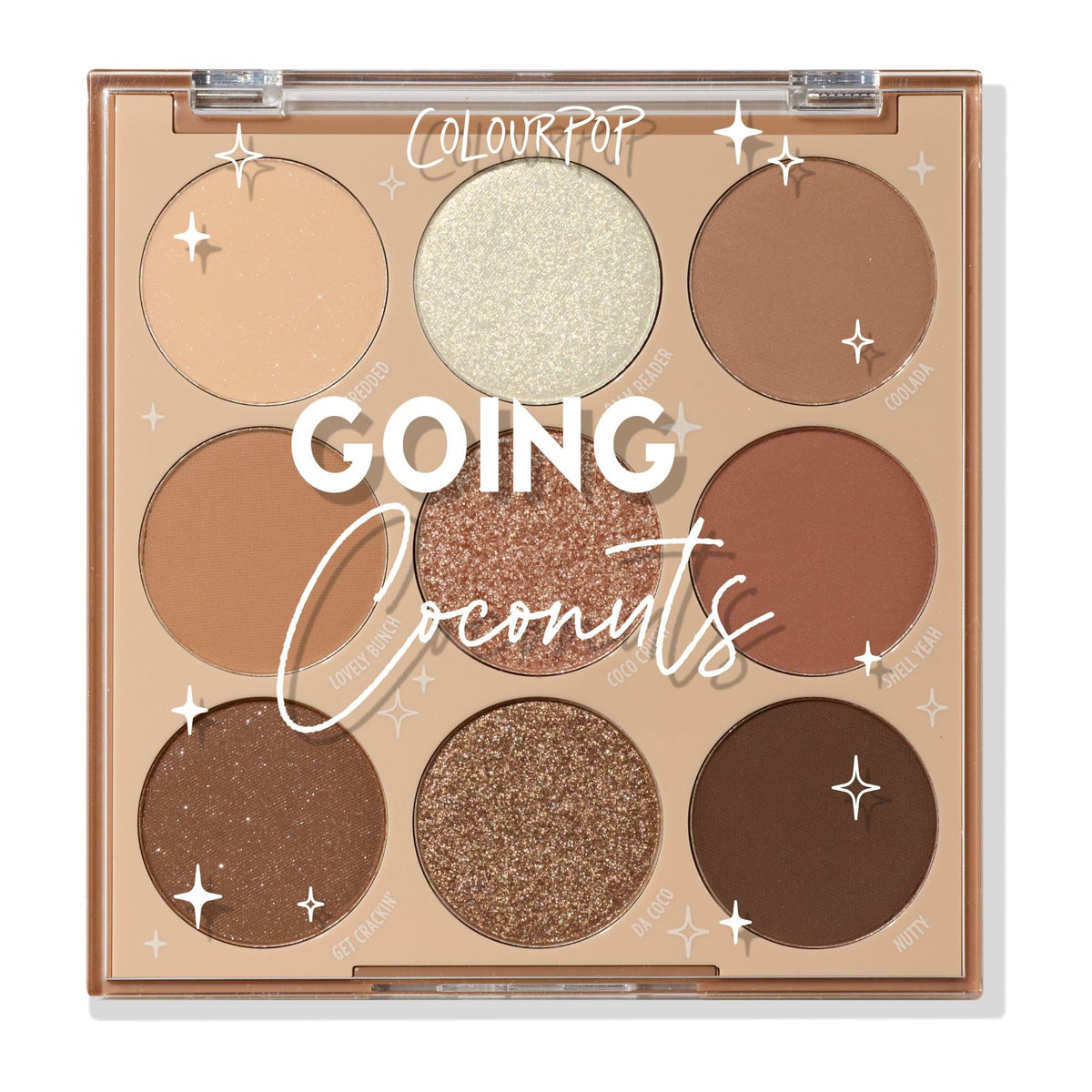 ColourPop palette front view showing nine cool-toned neutrals and compact case benefit