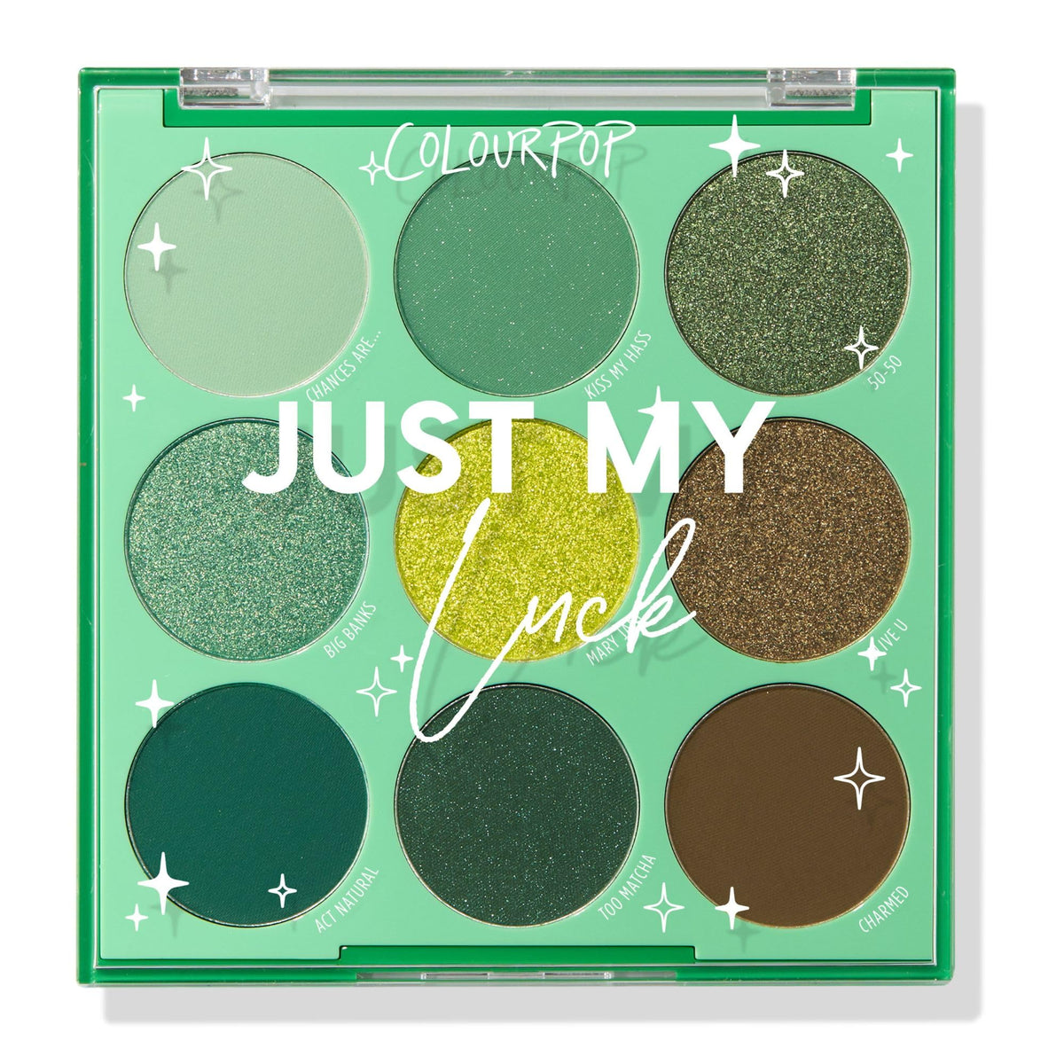 ColourPop palette front packaging showing compact green design and logo benefit portability