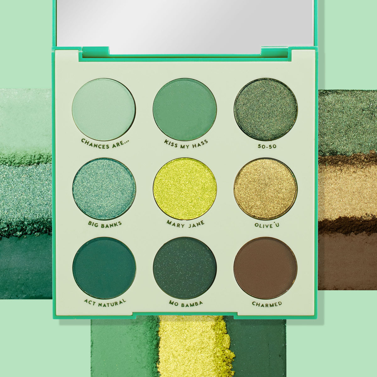 ColourPop on eyelid application showing metallic green impact and long-wear finish