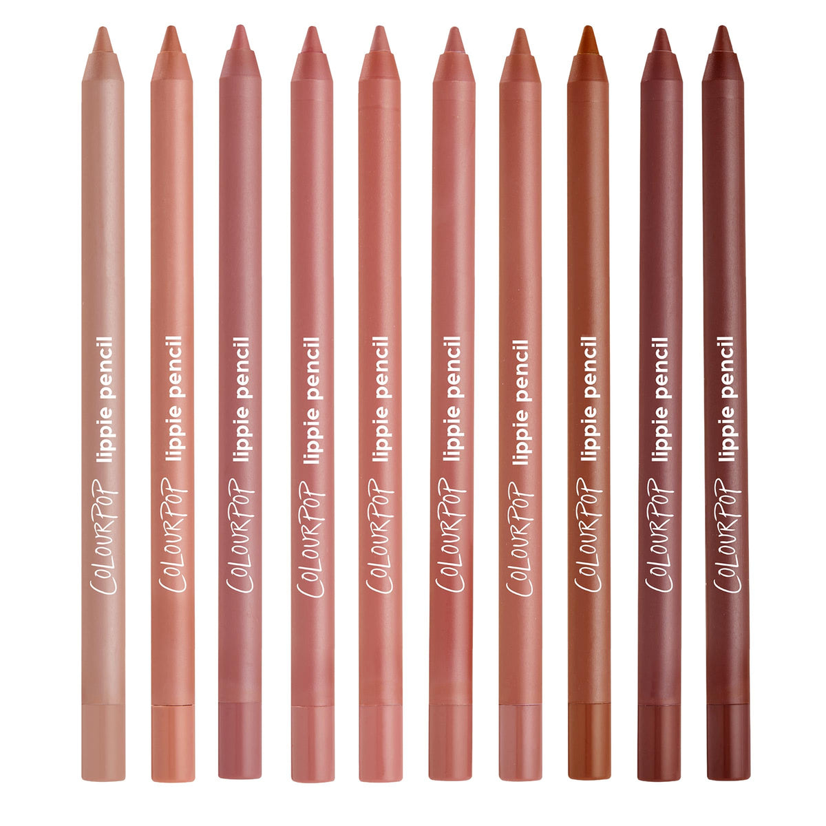 ColourPop lip pencils arranged to show the ten included shades