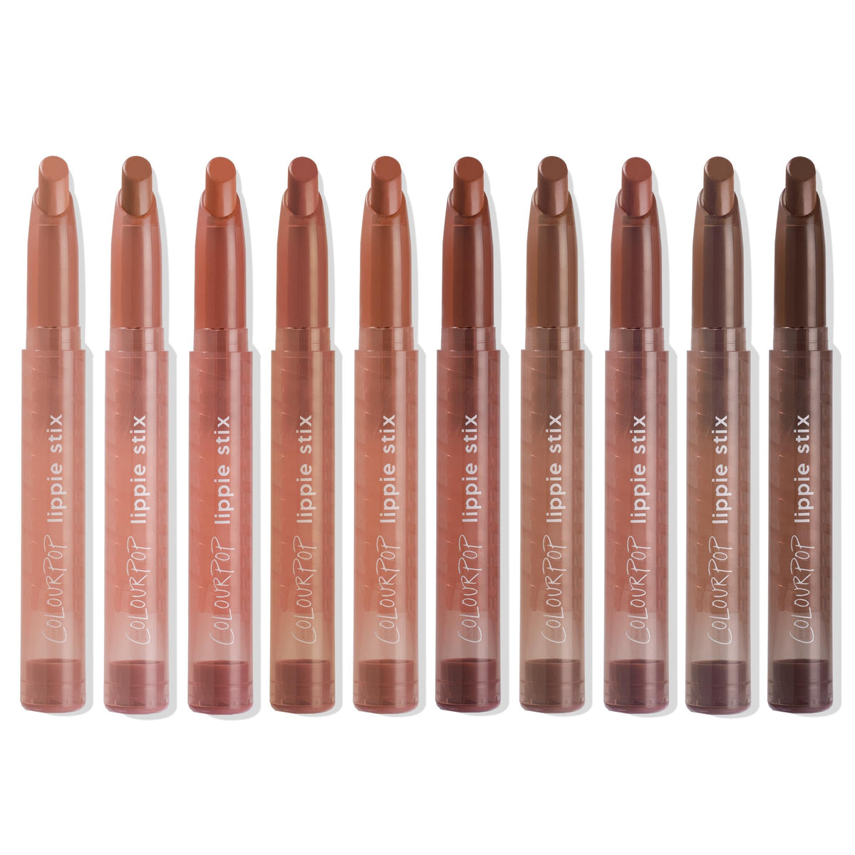 ColourPop swatches on arm displaying the ten nude shades for easy selection