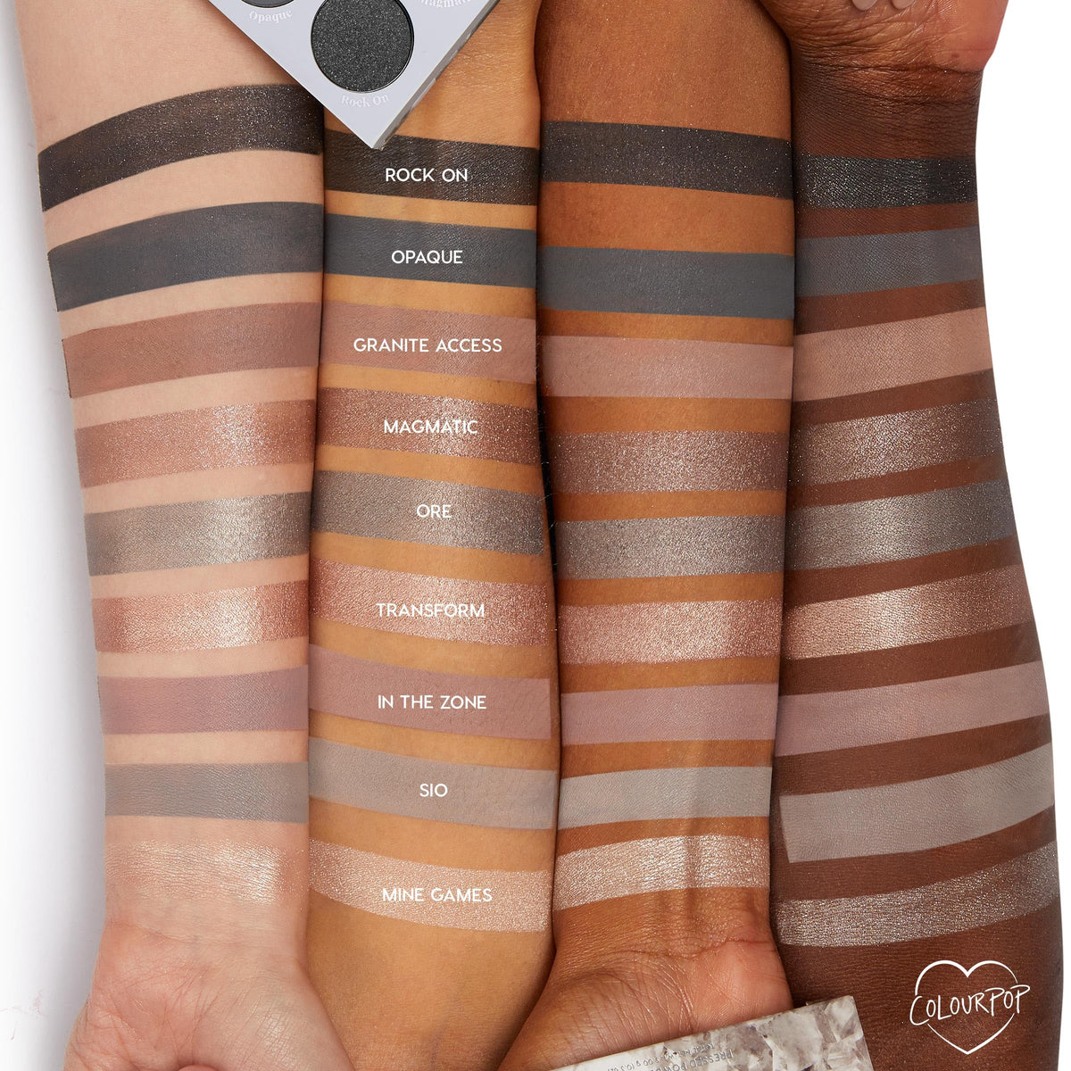 ColourPop Of Quartz swatch strip on arm showing pigmented taupes and frosts