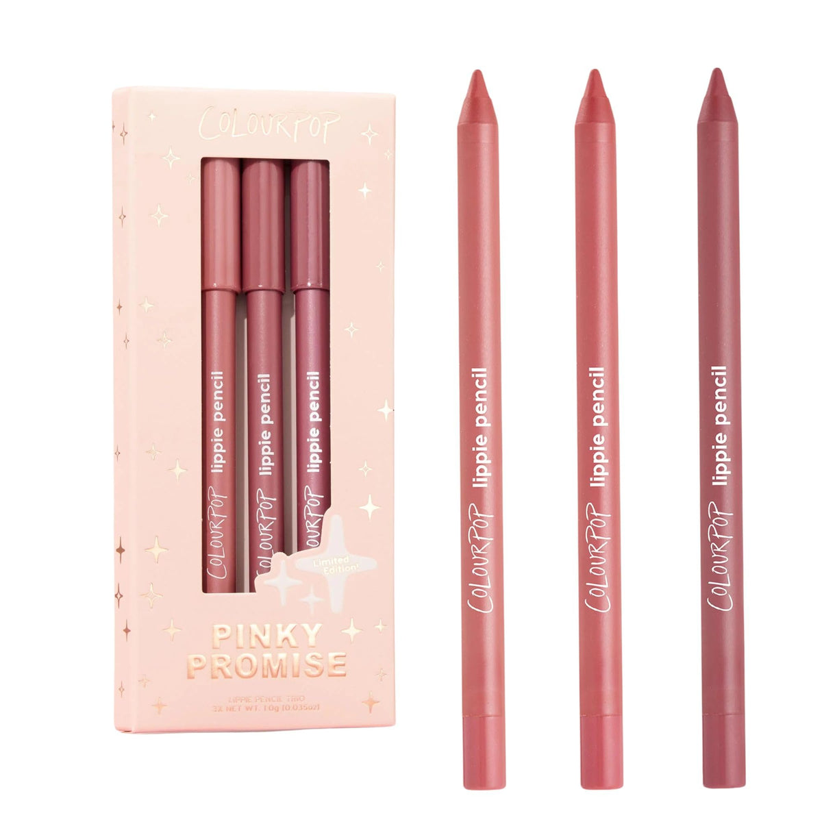 ColourPop Pinky Promise front packaging showing three lip pencils and shades