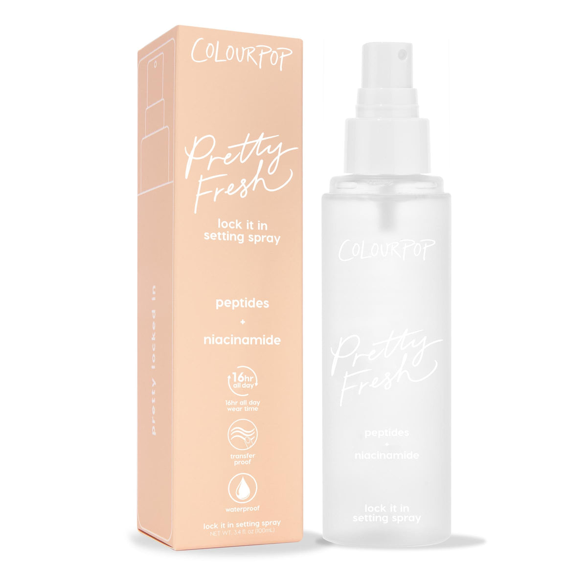 ColourPop front packaging showing bottle and dew finish benefit
