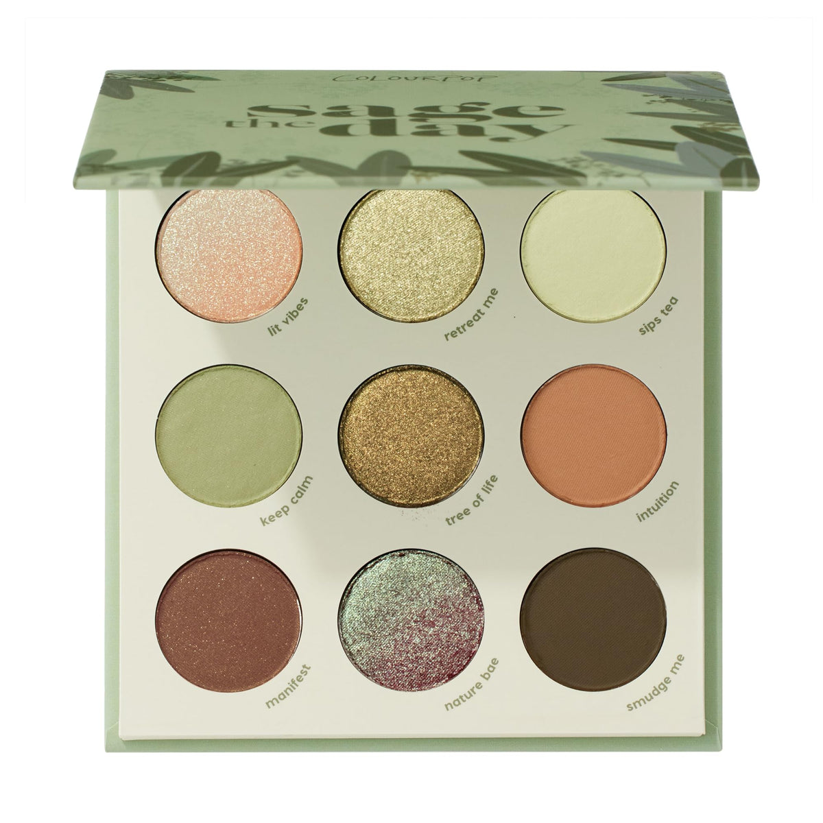 ColourPop Sage the Day palette flatlay showing all nine shades and compact packaging benefit: travel-ready color kit