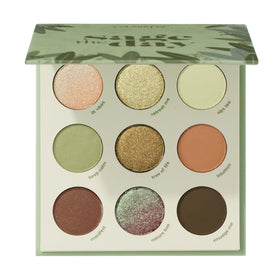 ColourPop Sage the Day palette flatlay showing all nine shades and compact packaging benefit: travel-ready color kit