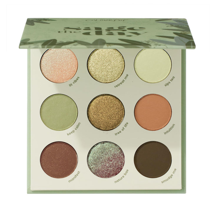 ColourPop Sage the Day palette flatlay showing all nine shades and compact packaging benefit: travel-ready color kit