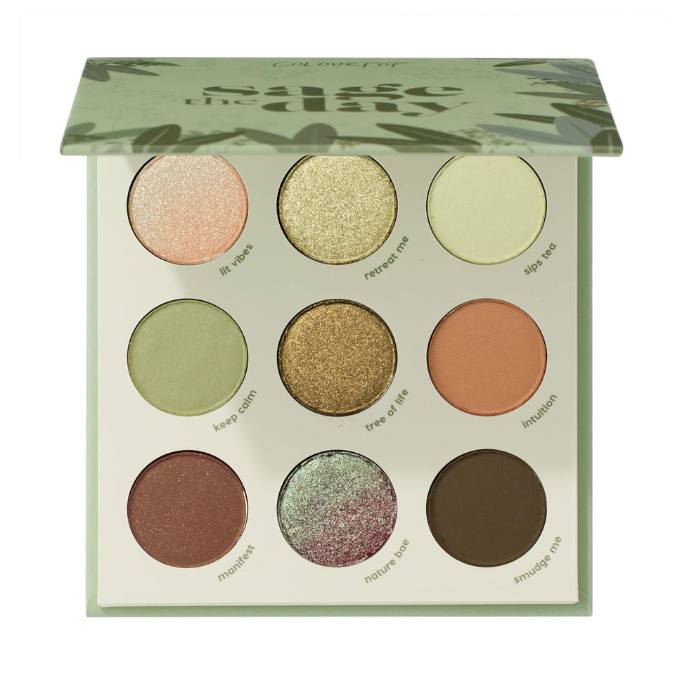 ColourPop Sage the Day palette flatlay showing all nine shades and compact packaging benefit: travel-ready color kit