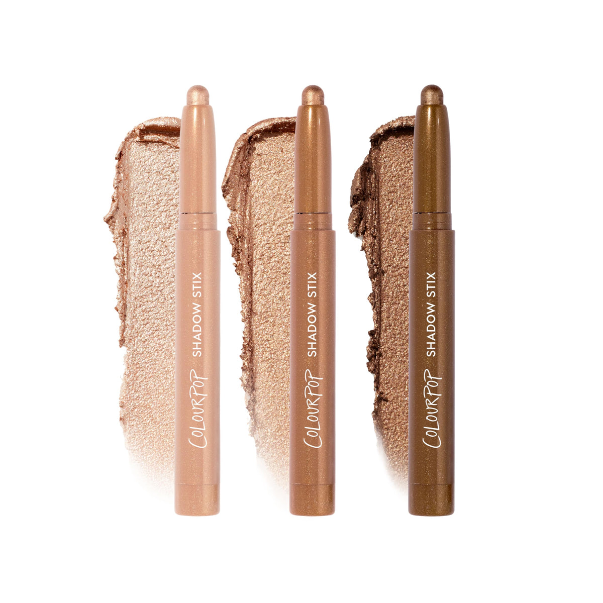 ColourPop front packaging of Shimmering Golds kit showing three sticks and brand, convenient travel size
