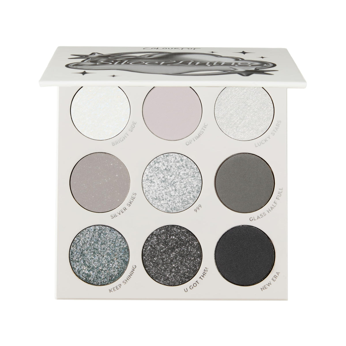 ColourPop front packaging showing compact silver-toned palette and logo benefits portability