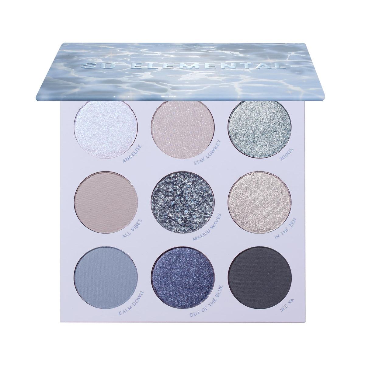 ColourPop open palette showing blue and silver pans, vibrant color payoff