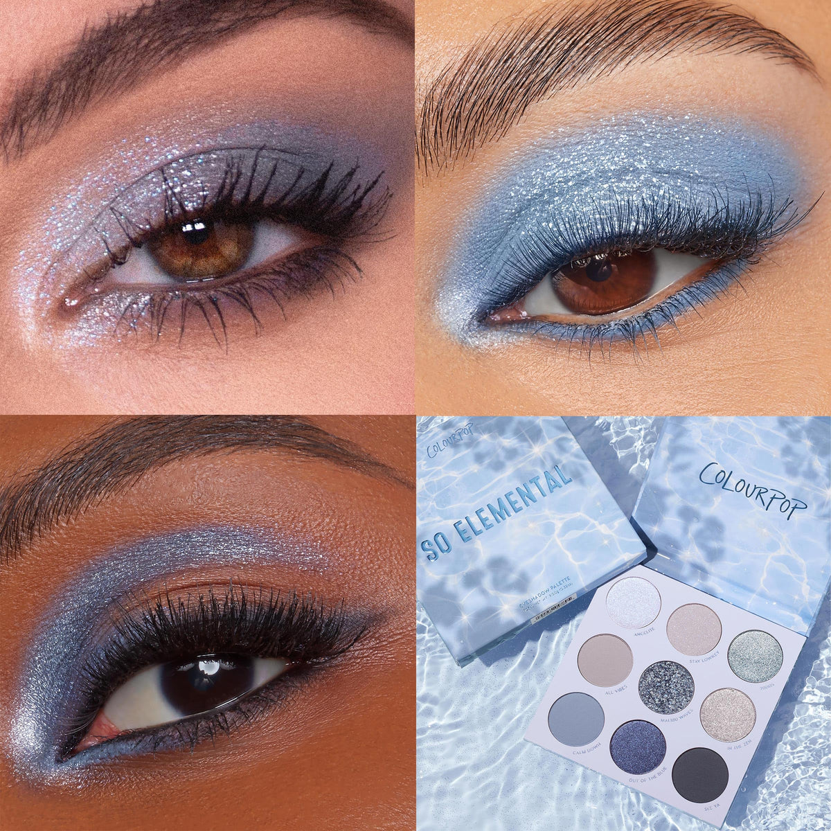 ColourPop applied on model eye showing blended blue-to-silver finish