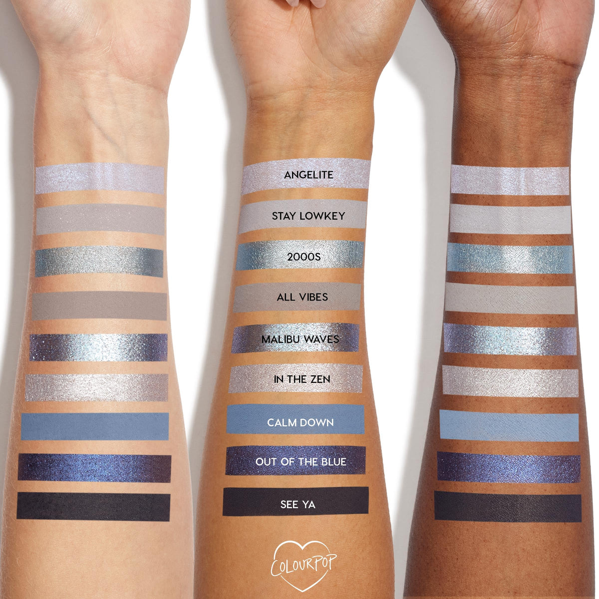 ColourPop swatches on arm showing true-to-pan blues and silvers