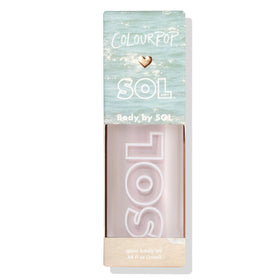 ColourPop SOL Mini on beach towel in sunlight showing tropical scent mood and radiant skin payoff