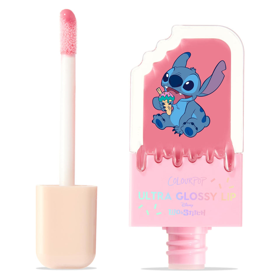 ColourPop gloss front packaging showing Stitch popsicle for collectible appeal