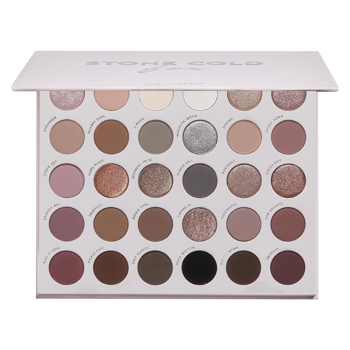 ColourPop Stone Cold Fox front packaging showing 30 cool-toned shades and palette layout for versatile looks