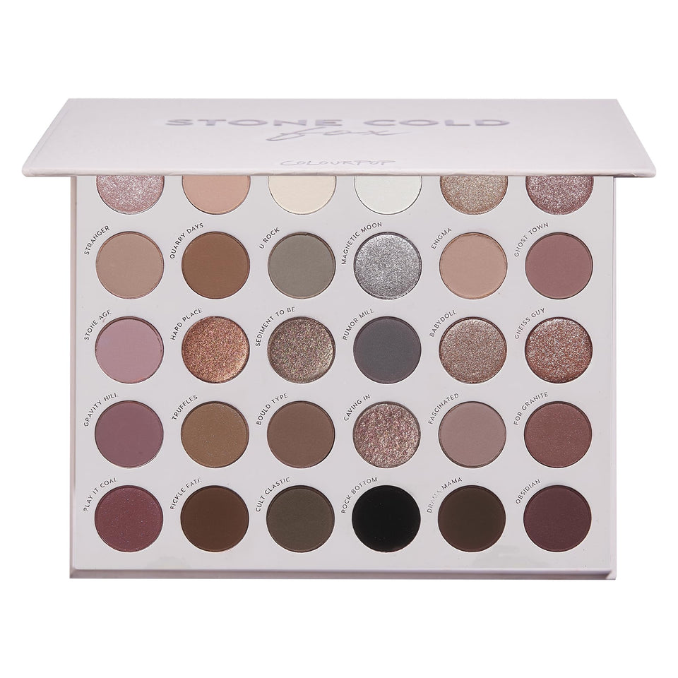 ColourPop Stone Cold Fox front packaging showing 30 cool-toned shades and palette layout for versatile looks
