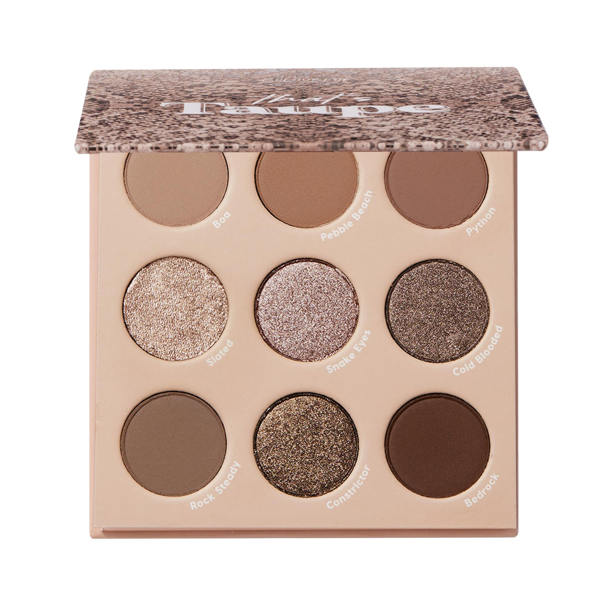 ColourPop palette front compact showing nine cool taupe shades and logo benefit versatile
