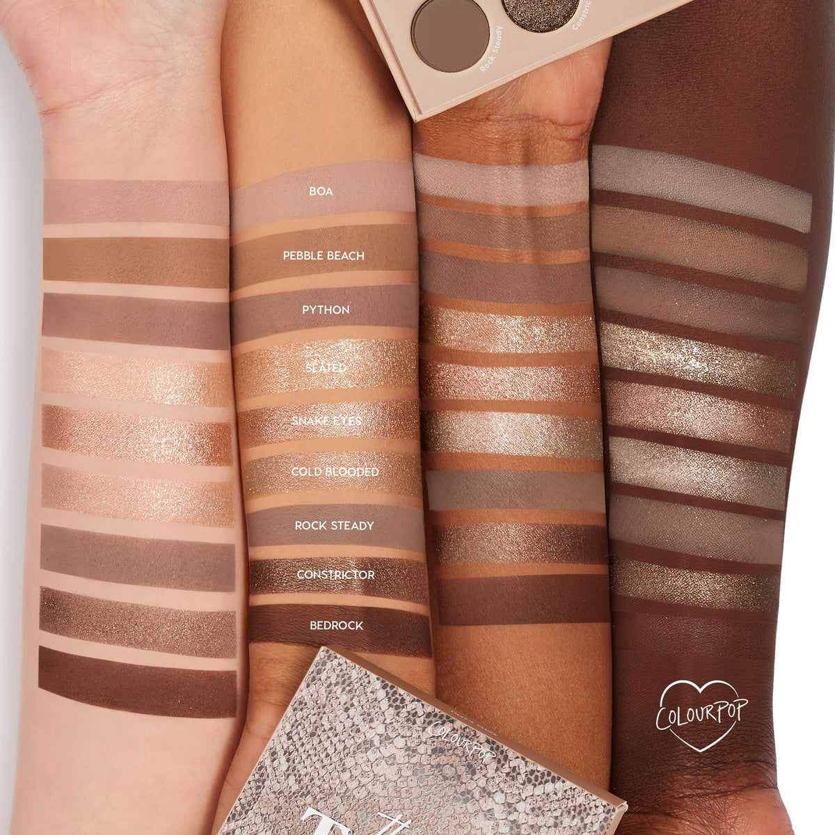 ColourPop swatch strips on arm showing pigmentation range from light to deep benefit
