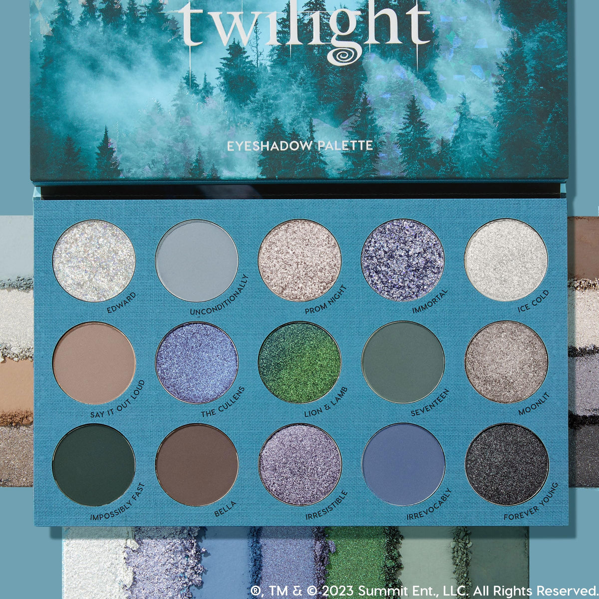 ColourPop Twilight open flatlay of all fifteen shades for versatile looks benefit