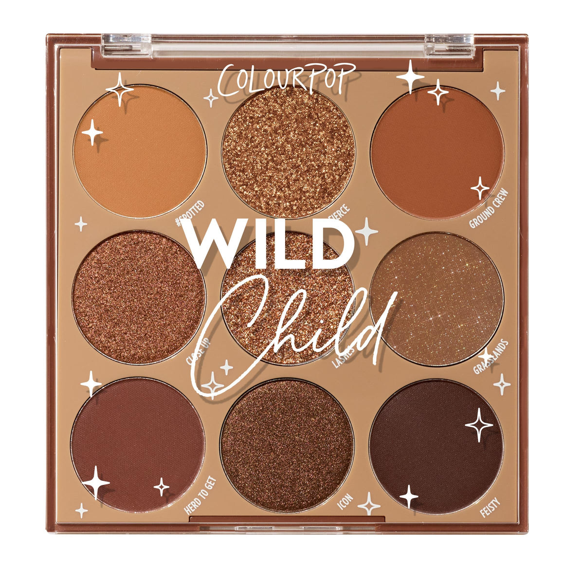 ColourPop Wild Child front view showing nine chocolate brown pans and packaging, versatile looks