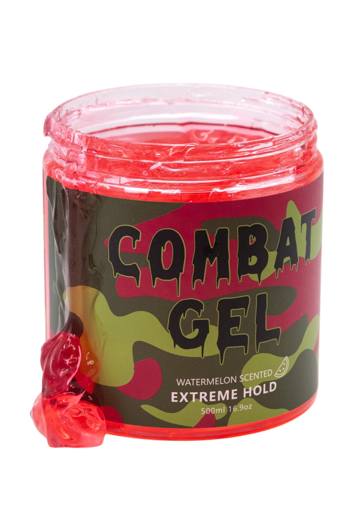 Combat Gel front jar 500ml showing label and watermelon scent for long-lasting hold