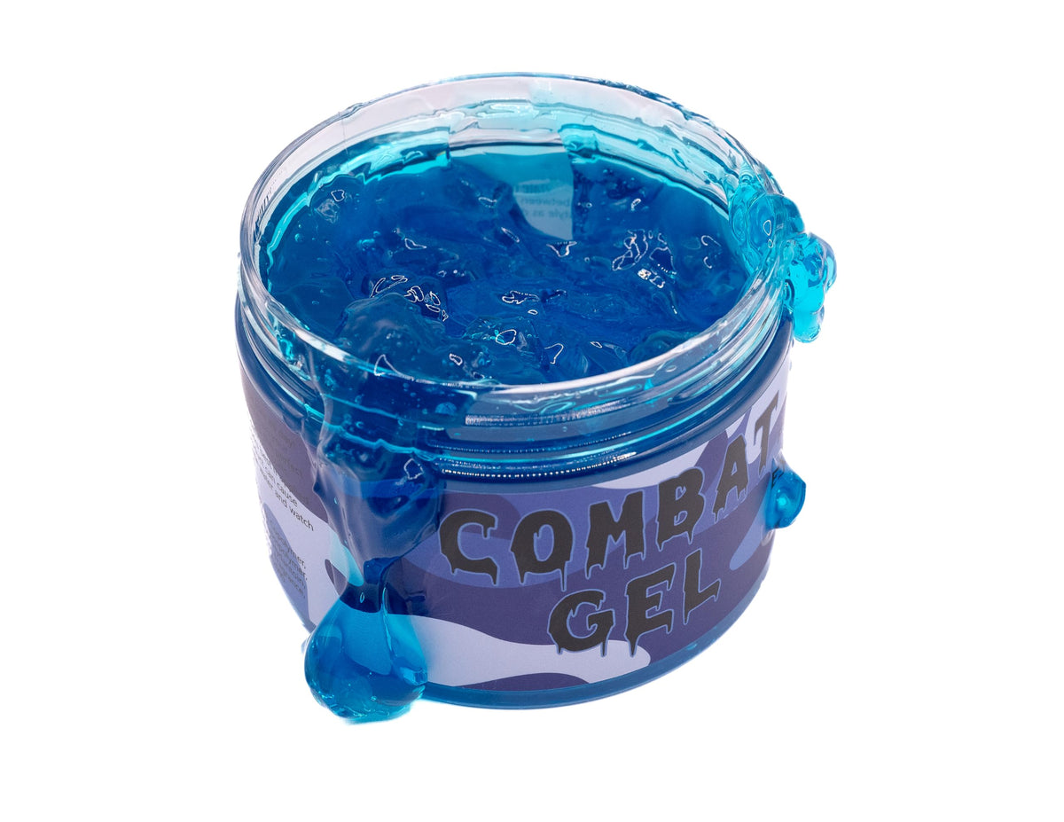 Combat Gel front packaging showing 250 ml blueberry bottle and clear label benefit
