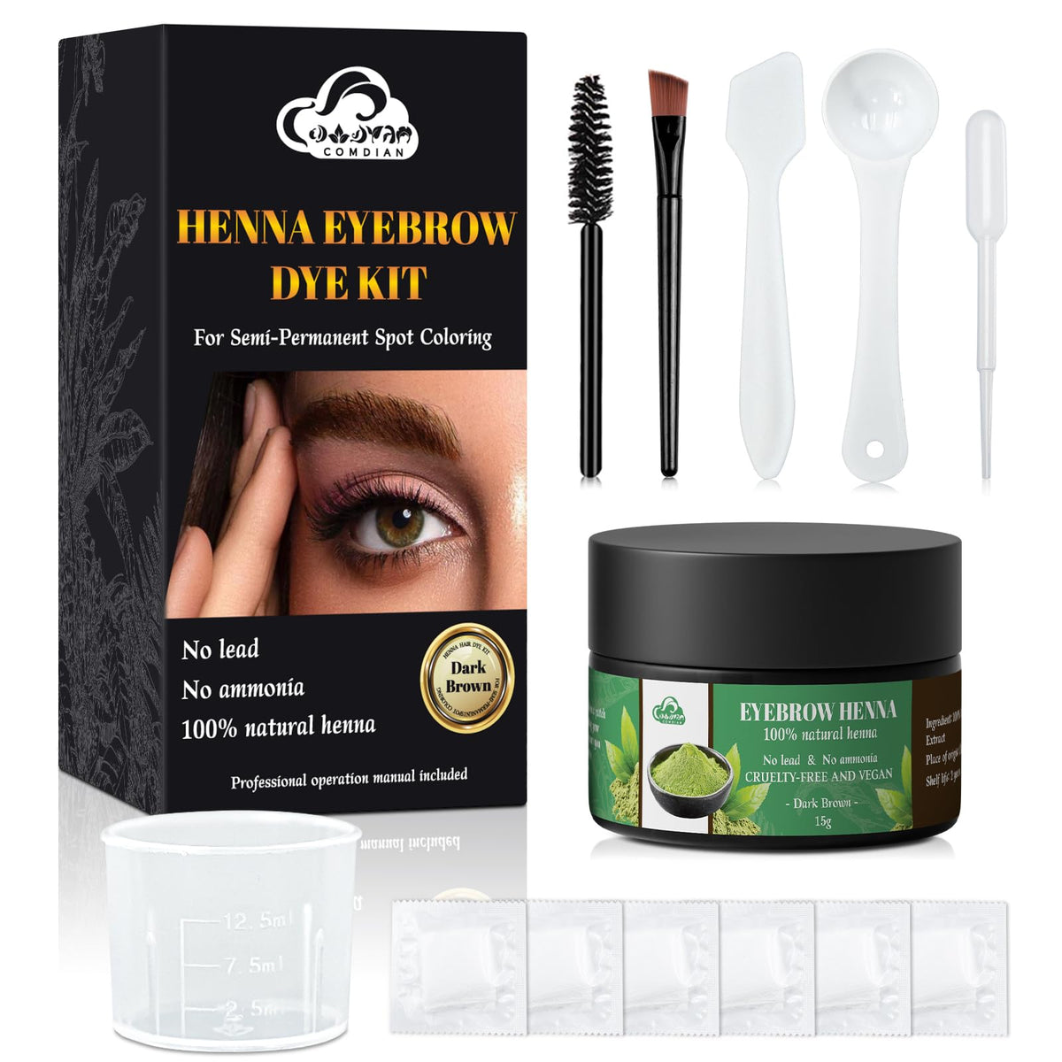 Comdian front packaging showing 15g kit and included tools for easy tinting