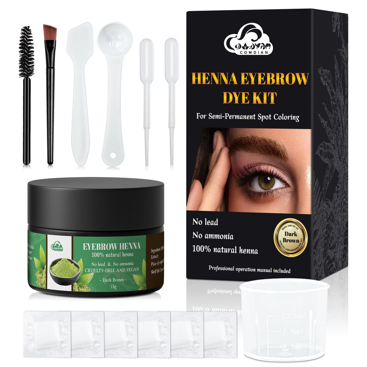 Comdian front packaging showing kit contents and dark brown label benefit